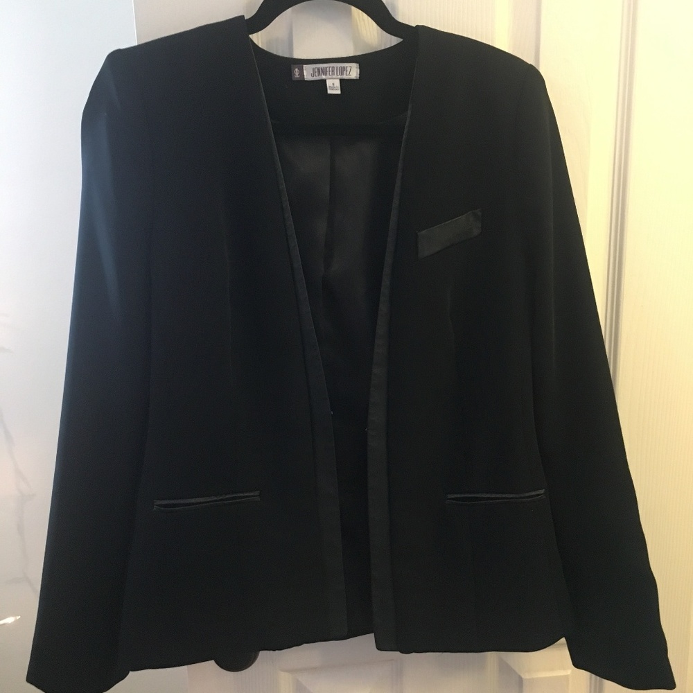 Jennifer Lopez Black Tuxedo Blazer Leather Trim